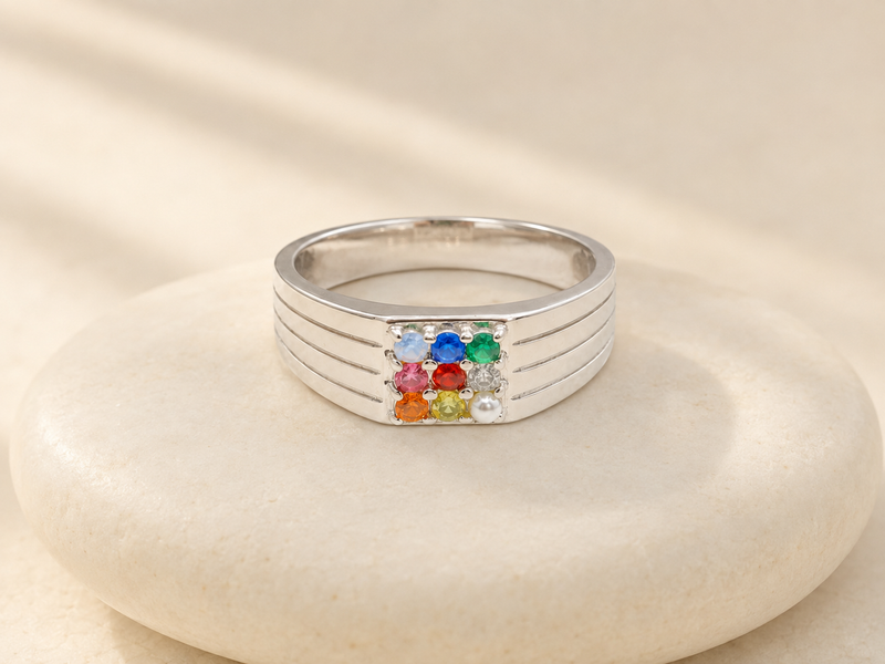 Silver Men's Navratna Multicolour Stone Ring