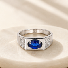 Silver Men's Blue Oval Stone Ring