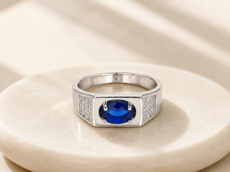 Silver Men's Blue Oval Stone Ring