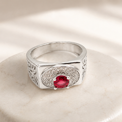 Silver Men's Ruby Oval Halo Engraved Ring
