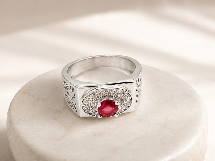 Silver Men's Ruby Oval Halo Engraved Ring