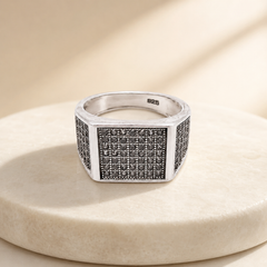 Silver Men's Black CZ Pave Signet Ring