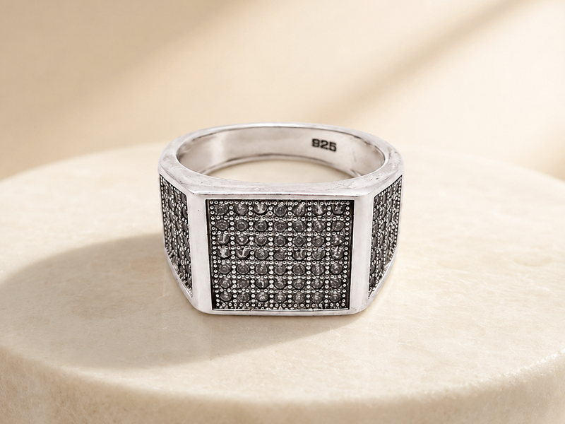 Silver Men's Black CZ Pave Signet Ring