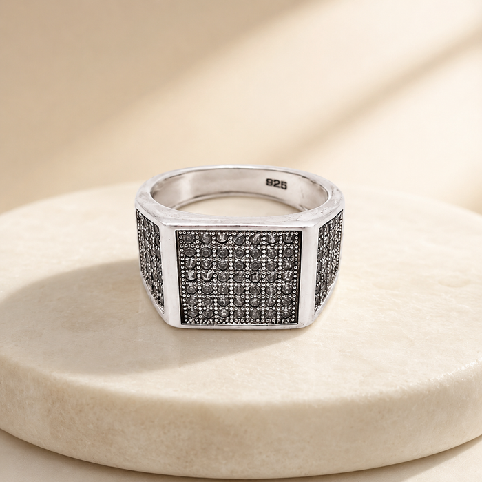 Silver Men's Black CZ Pave Signet Ring