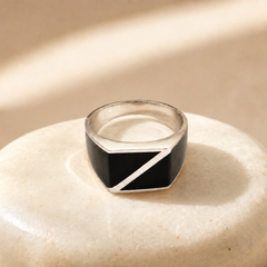 Silver Men's Black Enamel Diagonal Signet Ring