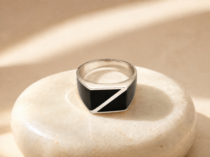 Silver Men's Black Enamel Diagonal Signet Ring