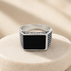 Silver Men's Black Onyx Square Signet Ring