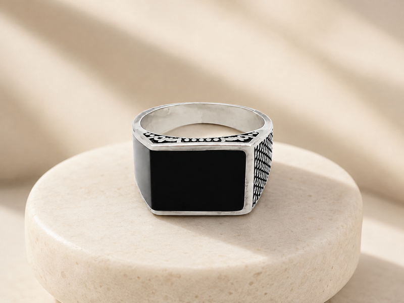 Silver Men's Black Onyx Square Signet Ring