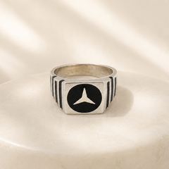Silver Men's Black Enamel Emblem Signet Ring