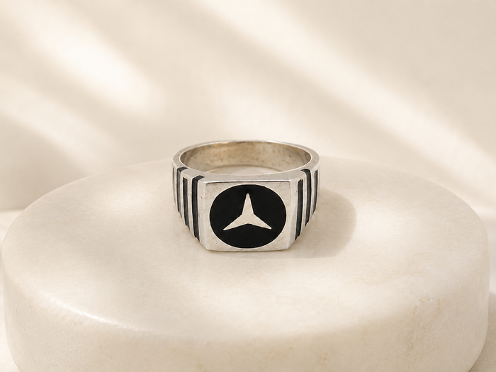 Silver Men's Black Enamel Emblem Signet Ring