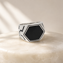Silver Men's Black Hexagon Signet Ring