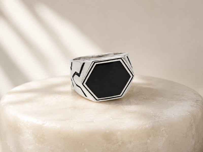Silver Men's Black Hexagon Signet Ring