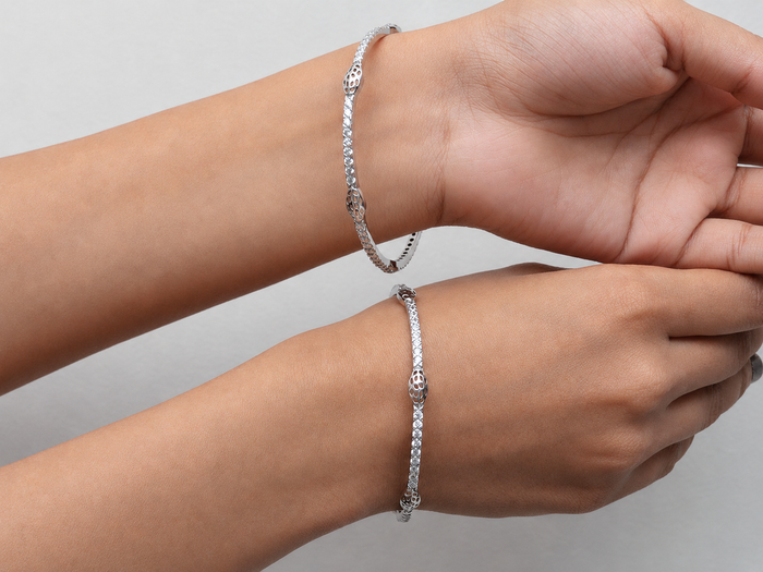 Silver Beaded Floral Station CZ Bangle