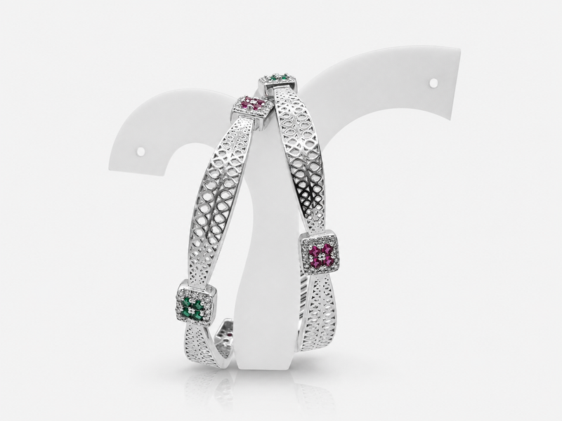 Silver Lattice Mesh Multicolour Stone Bangle