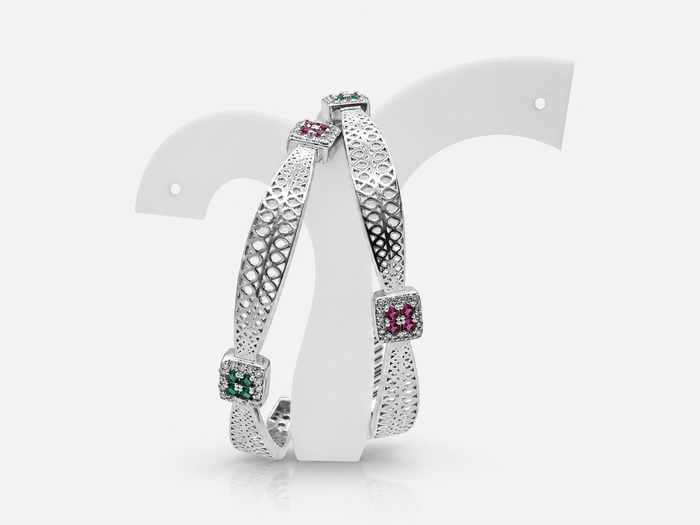 Silver Lattice Mesh Multicolour Stone Bangle