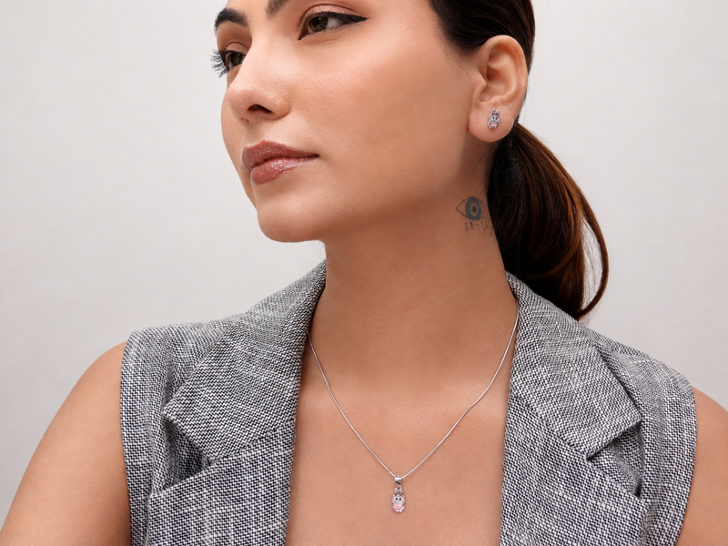 Silver Pink Enamel Bunny Pendant & Stud Set – view 3