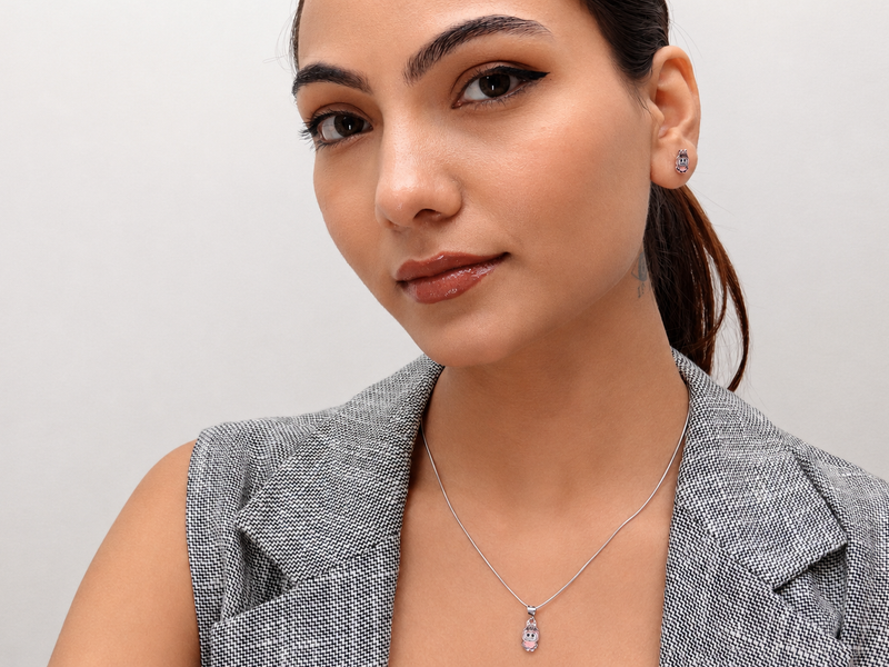 Silver Pink Enamel Bunny Pendant & Stud Set – view 4