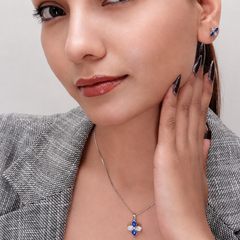 Silver Blue Enamel Four-Petal Flower Pendant Set – view 3