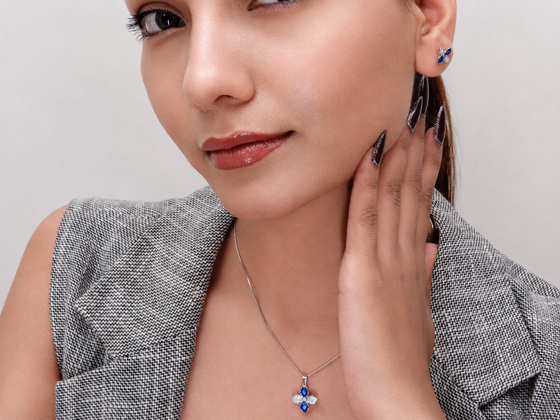 Silver Blue Enamel Four-Petal Flower Pendant Set – view 3