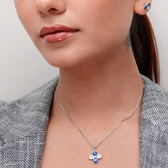 Silver Blue Enamel Four-Petal Flower Pendant Set – view 4