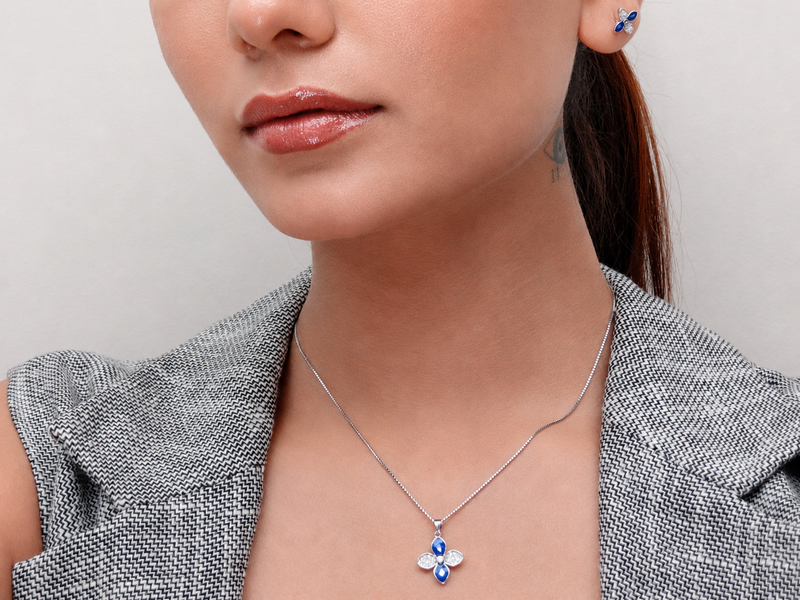 Silver Blue Enamel Four-Petal Flower Pendant Set – view 4