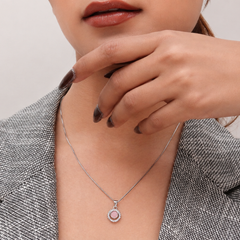 Silver Coral Round Stone Halo Pendant – view 3