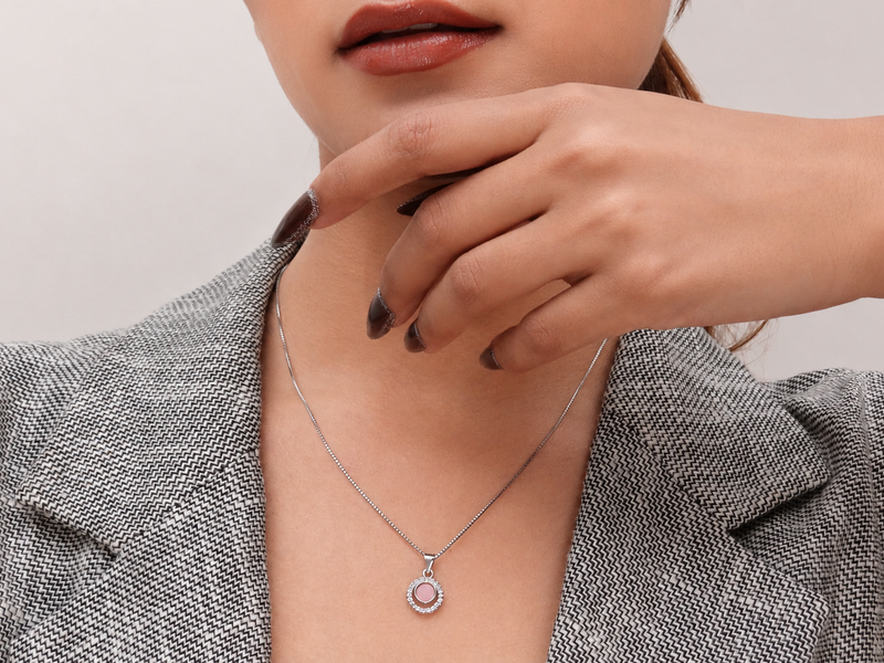 Silver Coral Round Stone Halo Pendant – view 3