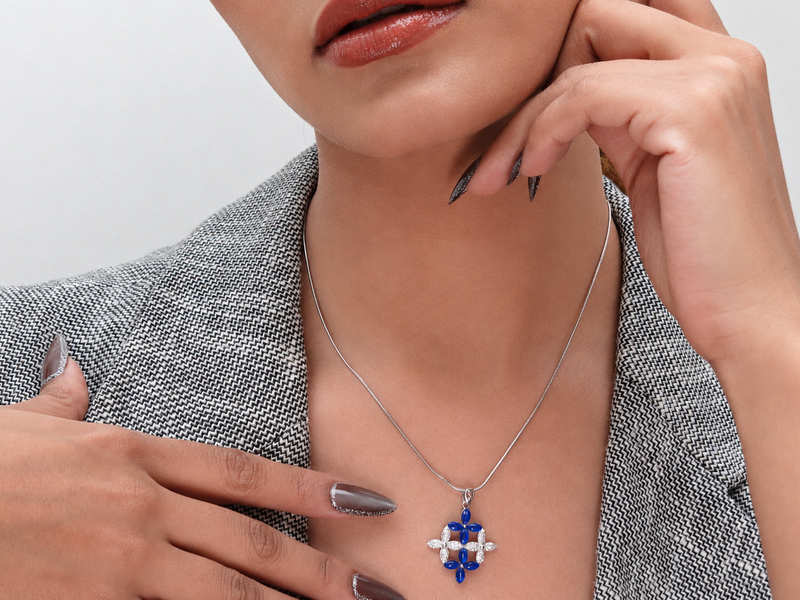Silver Blue Petal Lattice Cross Pendant – view 3