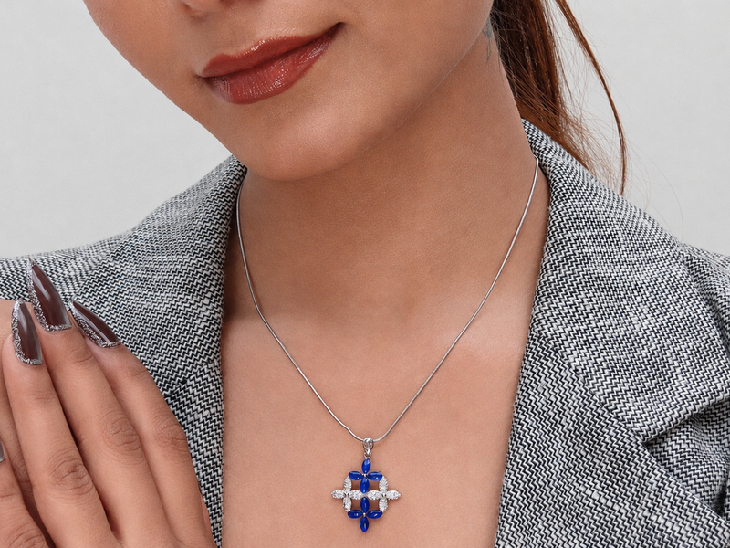 Silver Blue Petal Lattice Cross Pendant – view 4