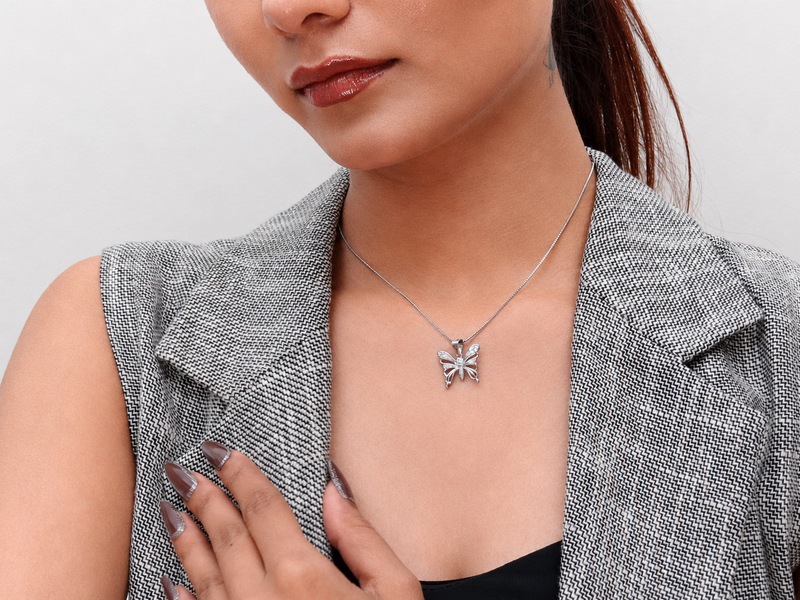 Silver Lace Wing Pave Butterfly Pendant – view 2
