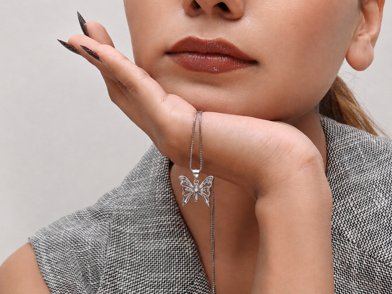 Silver Lace Wing Pave Butterfly Pendant – view 3