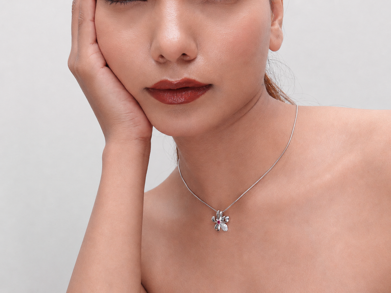 Silver Ruby Centre Five-Petal Flower Pendant – view 3