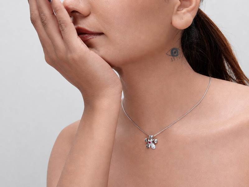 Silver Ruby Centre Five-Petal Flower Pendant – view 4