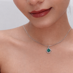 Silver Emerald Round Clover Frame Pendant – view 3