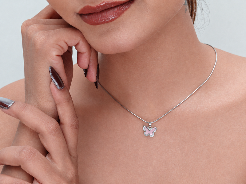 Silver Pink Enamel Pave Butterfly Pendant – view 3