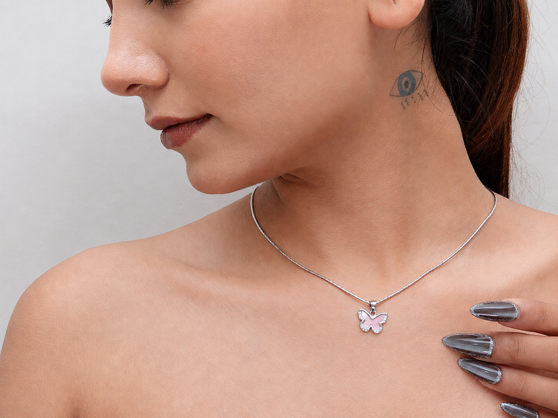 Silver Pink Enamel Pave Butterfly Pendant – view 4