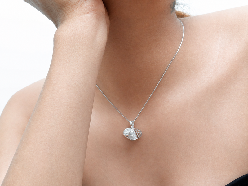 Silver Honeycomb Oval Pave Pendant – view 5