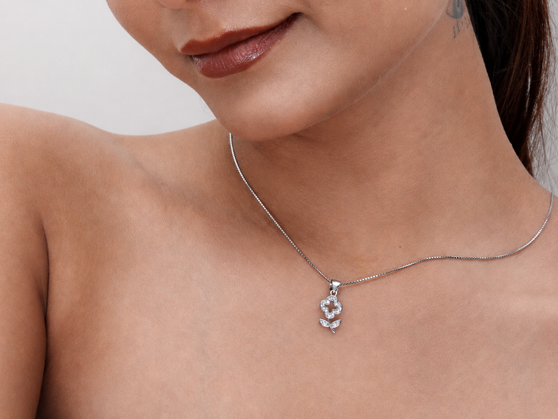 Silver Pave Clover Bloom Stem Pendant – view 3
