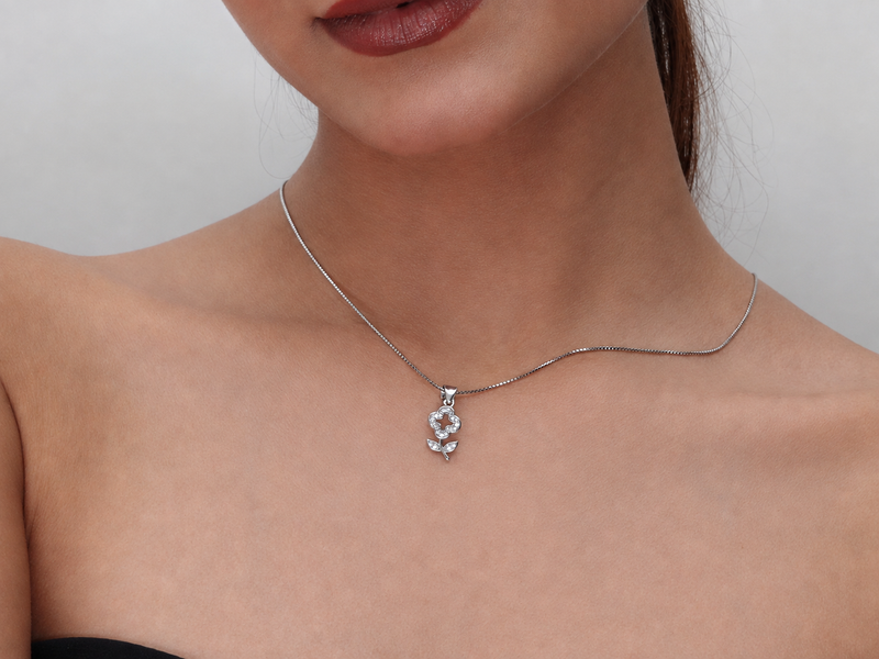 Silver Pave Clover Bloom Stem Pendant – view 4