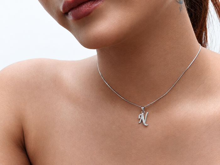 Silver Script N Initial Pave Pendant