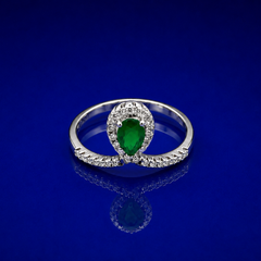 Silver Emerald Pear Halo Chevron Ring