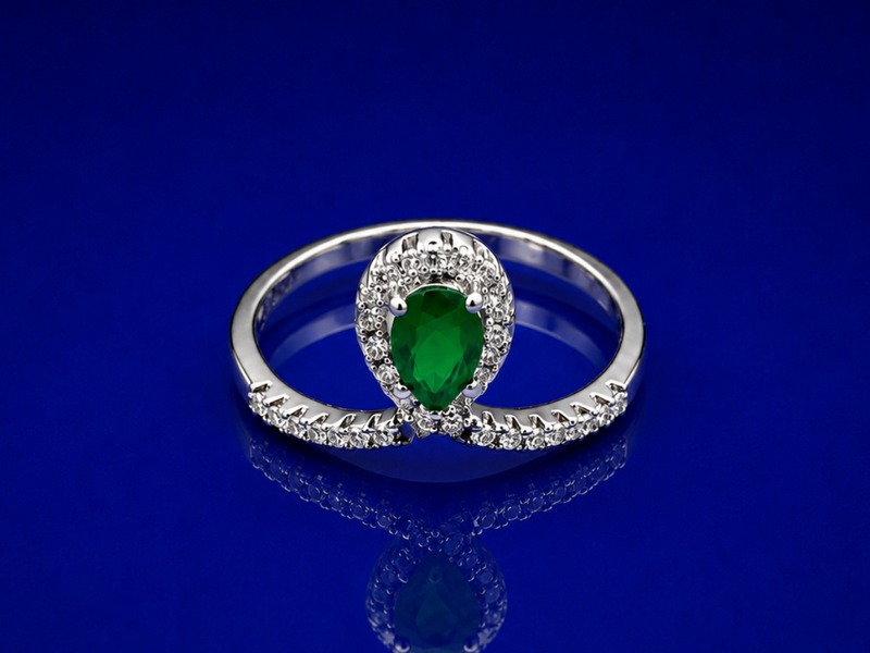 Silver Emerald Pear Halo Chevron Ring