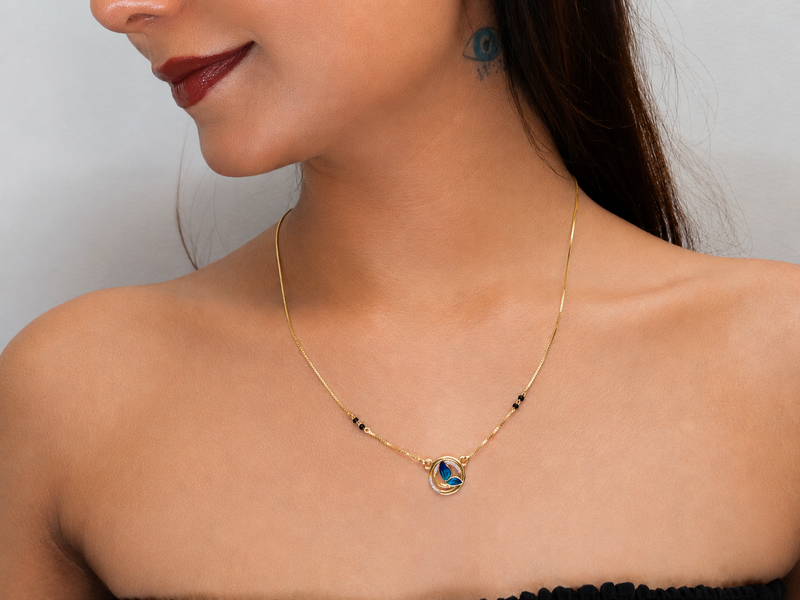 Golden Blue Enamel Butterfly Ring Mangalsutra – view 3