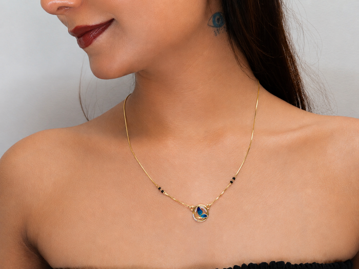 Golden Blue Enamel Butterfly Ring Mangalsutra – view 3