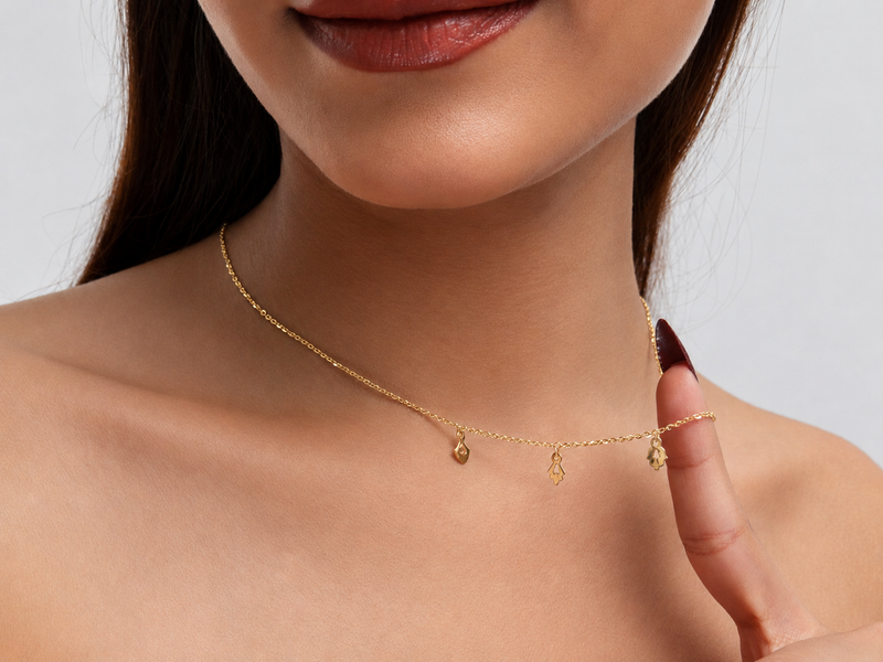 Golden Triple Leaf Charm Chain Necklace – view 4