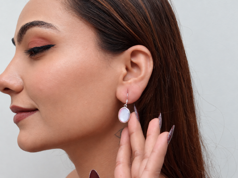Silver Pink Shell Oval Drop Earrings – view 4