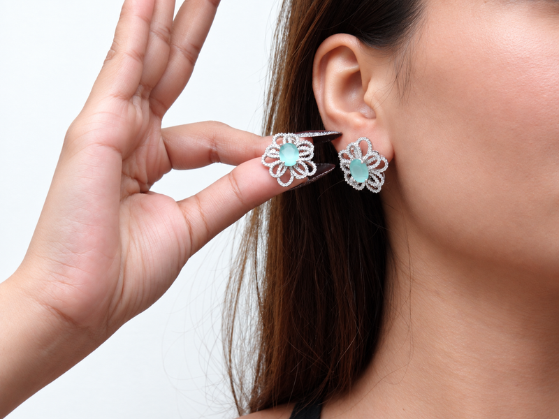 Silver Mint Oval Floral Openwork Studs – view 2
