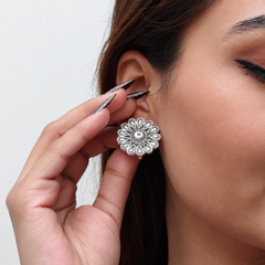 Silver Antique Petal Flower Statement Studs – view 2