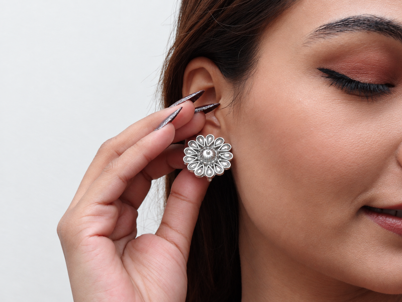 Silver Antique Petal Flower Statement Studs – view 2