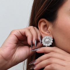 Silver Antique Petal Flower Statement Studs – view 3